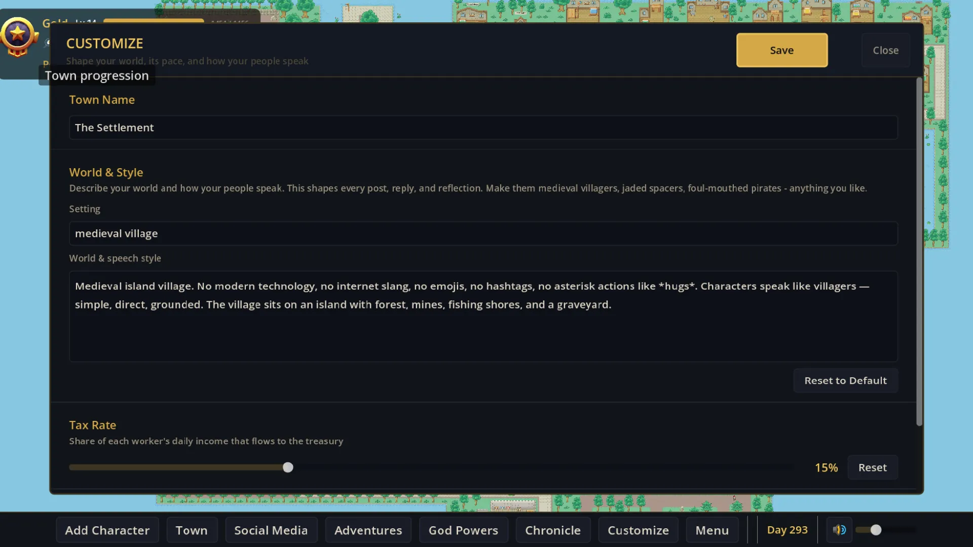 AI Society interface for defining the settlement's world and speech style