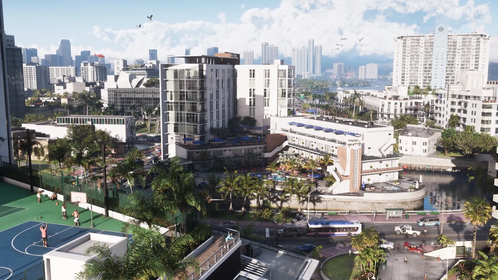 A detailed daytime view of Vice City with traffic, pedestrians, buildings, and recreational spaces
